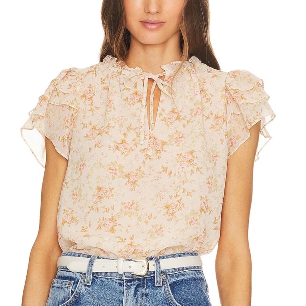 1 STATE Pink Flutter Sleeve Tie Neck Blouse Chiffon Ruffle Top Women's Small